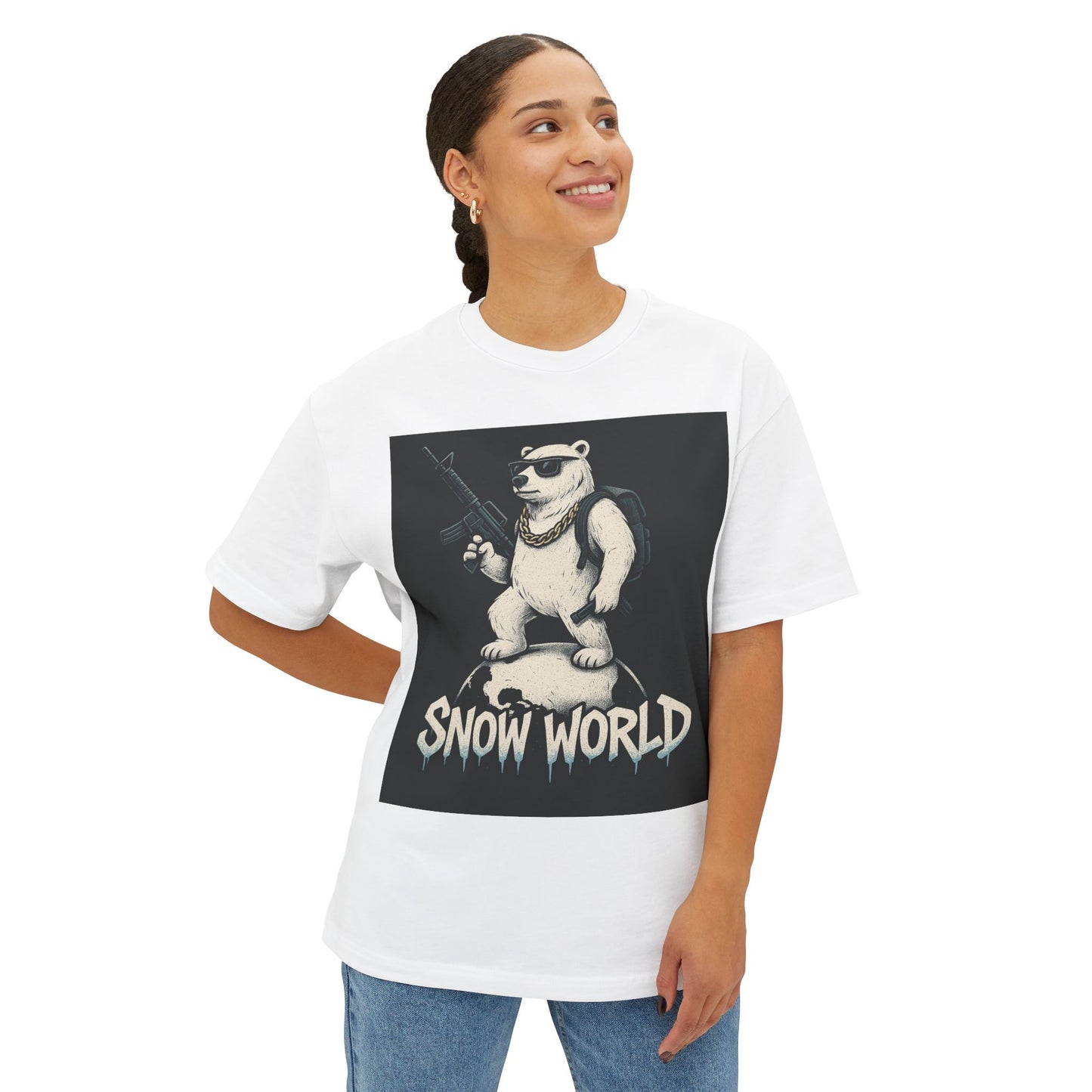 Snow World Unisex Oversized Boxy Tee - Cool Polar Bear Graphic T-Shirt