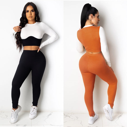Seamless Yoga Suit Tracksuit For Women Color Patchwork Long Sleeve Crop Top Pencil Pants Two Piece Set Sports Outdoor Casual Set-0